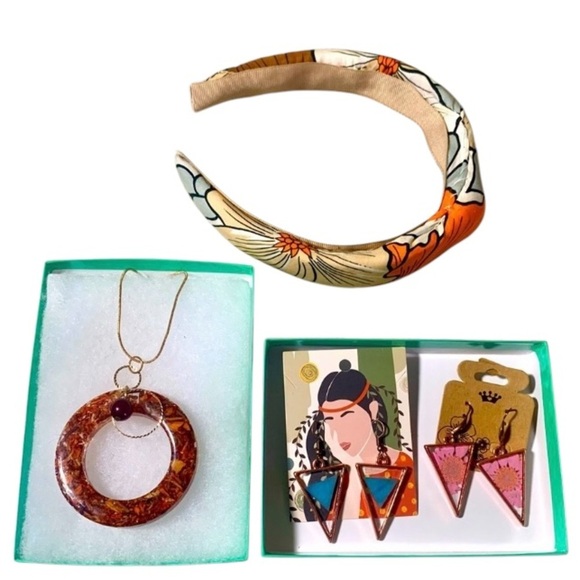 Floral Fantasy Bundle Tiger Lily Necklace Resin Dangle Earrings Headband Orange - Picture 1 of 6